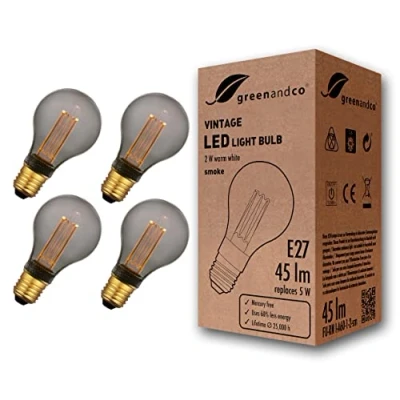 Imagen de greenandco 4x Bombilla LED decorativa estilo vintage E27 A60 2W 45lm 2000K 320 230V, gris, sin parpadeo, no regulable