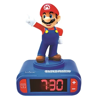 Imagen de Lexibook Nintendo Super Mario Reloj Despertador, a partir de 3 años, con Pantalla LCD Digital, quitamiedos niño, Azul/Roja RL800NI