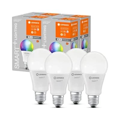 Imagen de LEDVANCE Lámpara LED inteligente con tecnología WiFi, enchufe E27, regulable, color de luz cambiante(2700 6500K), colores RGB cambiables, reemplazo 60W, SMART+ WiFi Classic Multicolour,paquete 4