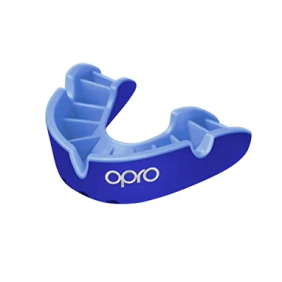 Imagen de OPRO protector bucal deportivo Silver Level para adultos y niños con estuche, de goma tecnología ajuste revolucionaria lacrosse, rugby, MMA, boxeo (azul oscuro/azul, adulto)