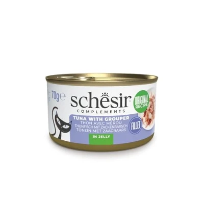 Imagen de Schesir, Filetes de Atún con Mero en Gelatina, Comida Húmeda Complementaria para Gatos, Latas, Receta Original, 100% Natural, 12 x 70g