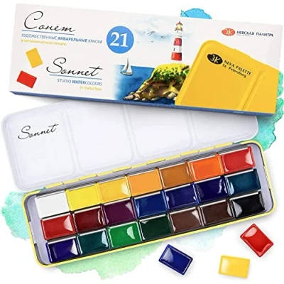 Imagen de Sonnet set de acuarelas 21 colores acuarela en un estuche metálico Pinturas fabricadas por Nevskaya Palitra