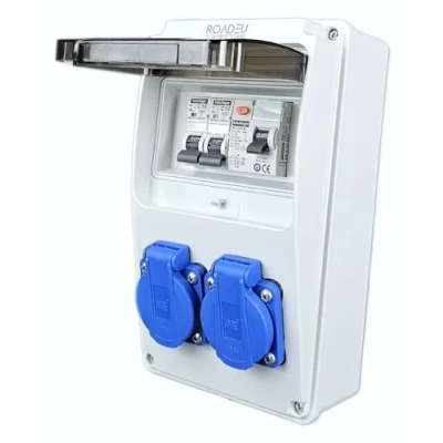 Imagen de RoadEu Distribuidor de corriente 230V 2x toma Schuko con interruptor disyuntor Fi y C16A para construcción IP44.