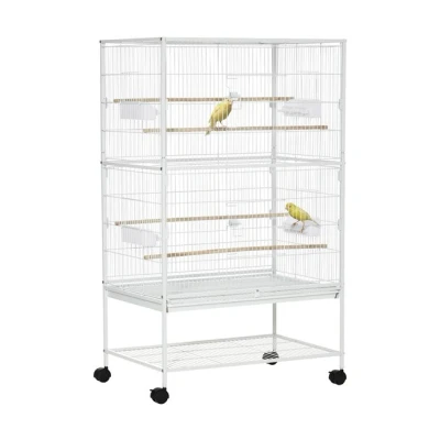 Imagen de PawHut Jaula para Pájaros con Ruedas 78x52x132 cm Pajarera Metálica Bandeja Extraíble 4 Puertas Comederos Perchas y Estante de Almacenaje Canarios Periquitos Blanco