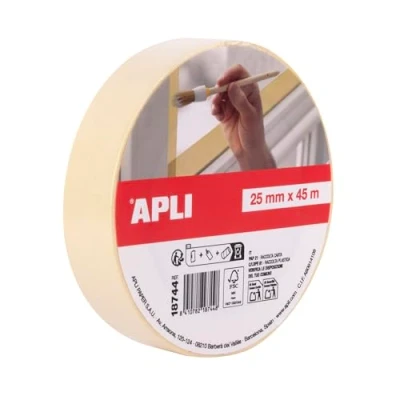 Imagen de APLI 18744 Rollo cinta de pintor o carrocero 25 mm x 45 m formato individual. Papel 57 g/m². Resistente hasta 60º
