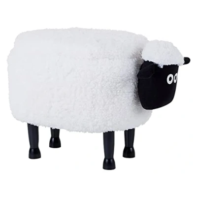Imagen de Reposapiés de poliéster blanco negro madera clara puf animal almacenaje Sheep