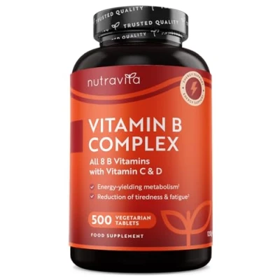 Imagen de Vitamina B Complex con C y D 500 Comprimidos de Multivitaminas para +1 Año Las 8 Vitaminas + Biotina Metabolismo, función mental, sistema nervioso (EFSA) Nutravita