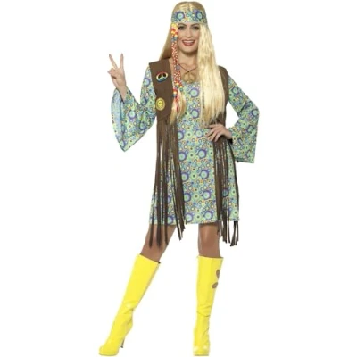 Imagen de Smiffys Disfraz de hippie años 60 para chica, multicolor, con vestido, chaleco, medallón y cinta la cabeza