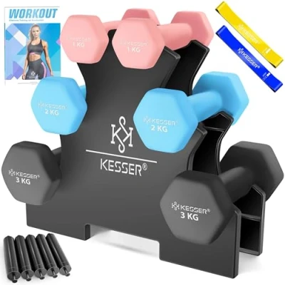 Imagen de KESSER® juego de mancuernas, 3 pares, 1 kg 5 kg, 12 o 18 con soporte, almacenamiento, gimnasio, entrenamiento fuerza, pesas neopreno antideslizante, cuaderno ejercicios,