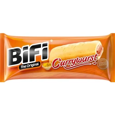 Imagen de BiFi Currywurst Aperitivos de salami, pack 8 unidades 60 g, con salsa curry en delicioso hojaldre, salchicha panecillo trigo, para llevar, viajes, oficina, deporte