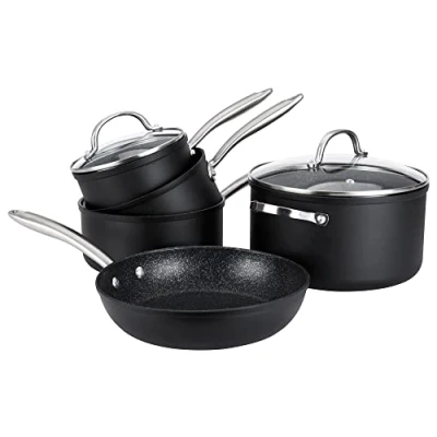 Imagen de PRESTIGE Scratch Guard Juego de cacerolas 5 piezas 16/18/20 cm, olla 24 freír 25 cm Aluminio Apto para inducción lavavajillas y horno 10 anos garantia