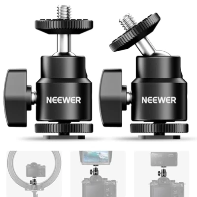 Imagen de NEEWER Mini Cabeza de Bola con Zapata Fría y Tornillo 1/4, Paquete 2, 360 Giratorio 90 Inclinación Esférica Montaje Cámara Adaptador Caliente para Cámara, Luz Vídeo LED, ST17