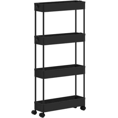 Imagen de Klihome Carrito Cocina con Ruedas, Carro de Servicio 4 Niveles, Auxiliar Ganchos, Almacenamiento para Cocina, Baño y Salón, Plástico Metal, Negro