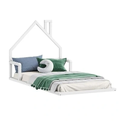Imagen de IDIMEX cama infantil ELOA en el suelo 90 x 200 cm tipo Montessori, cabecera forma de casa, pino macizo barnizado blanco