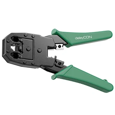Imagen de deleyCON Tenaza Crimpadora para Conectores Modulares Occidentales RJ11 RJ12 RJ45 Cables y Líneas de Teléfono Red 6P4C 6P6C 8P8C 4P4C 4P2C Cortador Pelacables Verde
