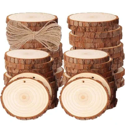 Imagen de 50 PCS Rodajas de Madera Círculos, BetterJonny Discos Rebanada Natural Con 10m Cuerda Maderas Naturales Perforado Corteza Árbol para Adornos Halloween Navidad Manualidades,4 5cm