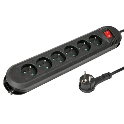 Imagen de Hama Regleta con Interruptor (Bloque de 6 Tomas 16 A, alargador 1,5 m, Toma múltiple Ideal Ahorro energía, enchufes 45, Hebilla suspensión Pared, 3680 W, Cable H05VV F3G1.5), Color Negro