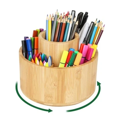 Imagen de Cinnani Lapicero Escritorio de Bambú, Organizador Lapices con 9 Gran Compartimentos, Portalápices Giratorio 360, Multifuncional Lápices, Boligrafos, Papelería y Rotuladores (Madera)