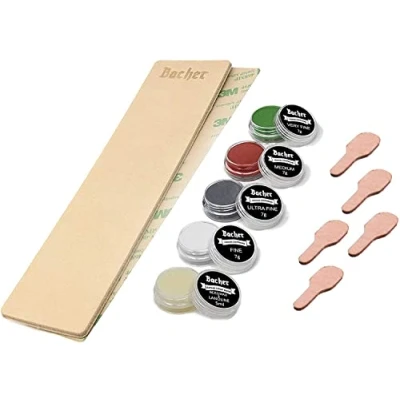 Imagen de Bacher Kit de Afilado, Asentador Cuero Set: curtido vegetal (206mm x 56mm), cinta adhesiva 3M, 4 7g Strop Pasta para Afilar Cuchillas