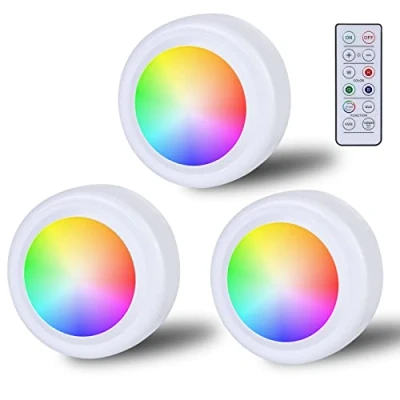 Imagen de Focos LED RGB, funciona con pilas, mando a distancia, 16 colores de cambio color, iluminación armario, regulable, lámpara táctil inalámbrica, temporizador y función memoria, batería para