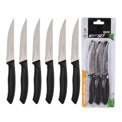 Imagen de KROWN Cuchillo Pack de 6 Cuchillos Uso Diario. Juego Carne. Mango Negro Resistente y Duradero. Apto para Mesa Carne, Pelador, Cocina. Set Piezas