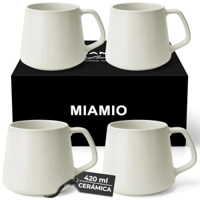 Imagen de MIAMIO Juego de Tazas Café (Set 4) / Grandes Cerámica (420 ml) Taza para Cappuccino, Té, Espresso Apto Microondas y Lavavajillas Colección Luxe (Blanco)