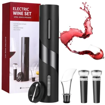 Imagen de FAOKZE Sacacorchos eléctrico, abridor de vino electrico, set abrebotellas que contiene cortador papel aluminio, vertedor y tapón al vacío, funciona con pilas