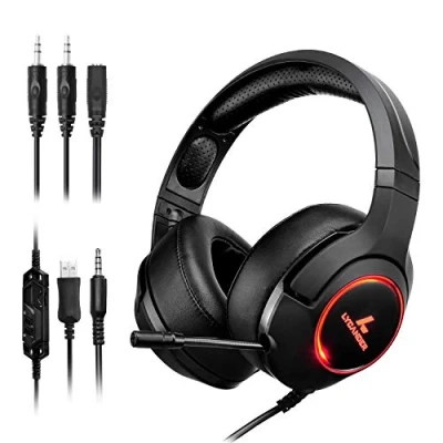 Imagen de LYCANDER Auriculares de diadema con luz LED y micrófono, cascos cable, entrada 3.5mm (para PC, PS4, Xbox One, Nintendo Switch más), Avanzado Negro Naranja