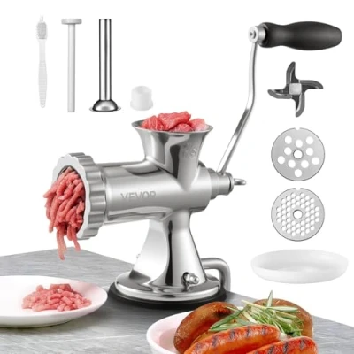 Imagen de VEVOR Picadora de Carne Manual Acero Inoxidable Manivela 2 Placas Picado 5 y 8 mm Empujador Salchichas Formas Fijación Ventosa Carnicería