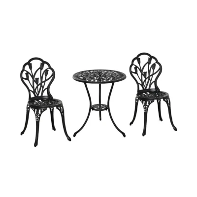 Imagen de Outsunny Conjunto de Mesa y Sillas Terraza Exterior 3 Piezas Muebles Jardín Aluminio con Respaldo Patrón Tulipán Orificio para Sombrilla Negro