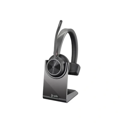 Imagen de Auricular inalámbrico y soporte de carga Poly Voyager 4310 UC Bluetooth monoaural con micrófono brazo cancelación ruido Conéctalo a PC/Mac/dispositivo móvil