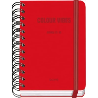 Imagen de Dohe Agenda Escolar 2025 2026 Día Página, Tamaño A6 (12x17 cm), Español e Inglés, Cierre de Espiral Doble y Goma, Tapa Dura, 4 Páginas Pegatinas COLOUR VIBES Rojo