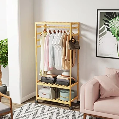 Imagen de unho Armario Abierto con Ruedas, Perchero Burro de Madera Bambú Pie 2 Estantes y 4 Ganchos para Ropa Zapatos Bolsas Dormitorio Entrada Salon 78 x 41 169 cm