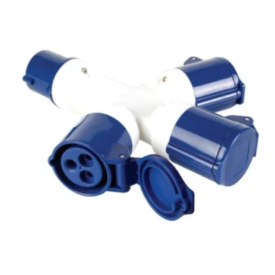 Imagen de Perel Divisor de 3 vías, 16 A/230 V, 3500 W, CEE a x CEE, para uso interior y exterior, abdominales, azul