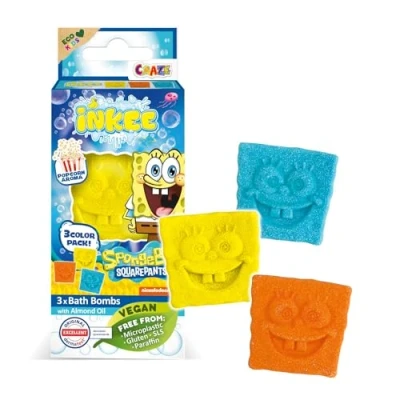 Imagen de INKEE Mini Pack Bob Esponja, Set de 3 Bombas Baño Para Niños Con Formas Sus Personajes Esponja Y Aroma a Palomitas Maíz