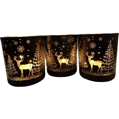 Imagen de khevga juego de portavelas Navidad invierno, cristal, color negro, blanco, dorado y plateado (negro dorado, 3)