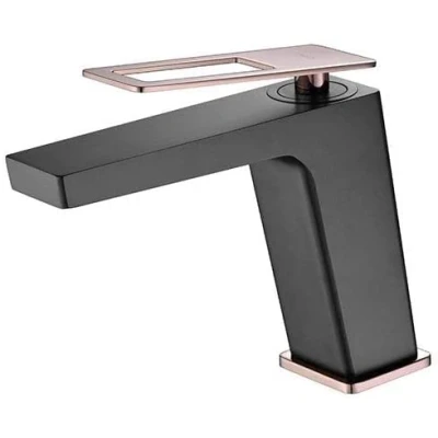 Imagen de MICE Grifo de lavabo Griferia baño monomando para lavamanos con maneta cuadrada Serie Suecia BDC032 1NOR Negro Mate y Oro Rosa