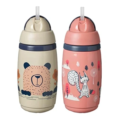 Imagen de Tommee Tippee Botella de agua aislada con popote, 9 onzas, a prueba derrames, para niños partir 12 meses, tapa abatible que ayuda mantener la pajita limpia, rosa y gris, 2 unidades