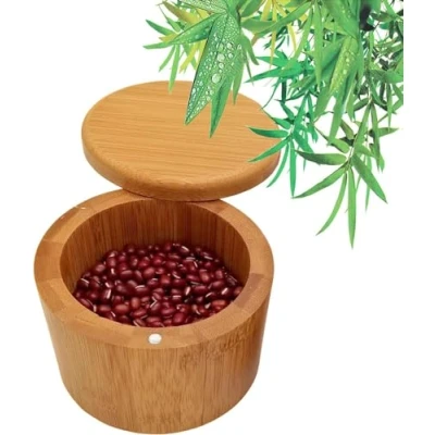 Imagen de Salero Cocina De Bambú Caja, Caja Almacenamiento Especias, Sal Bambú, Natural Madera con Tapa Giratoria Magnética para (9x7cm)