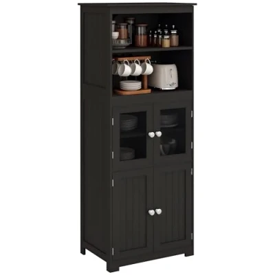 Imagen de HOMCOM Alacena de Cocina Aparador Comedor Armario con 4 Puertas 2 Estantes Abiertos y Estante Ajustable para Salón 60x30x162 cm Negro