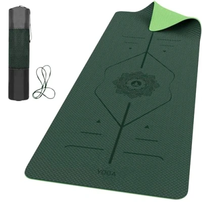Imagen de Romix Profesional Esterilla Yoga Antideslizante Alineación Correay, Mat 6MM de Gruesor TPE con Bolsa Transporte, Fitness Para Hombres Mujeres Hogar Gimnasio (Verda Lima)
