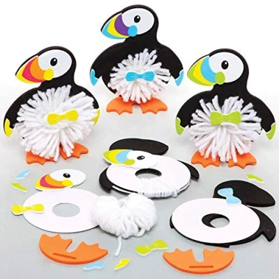 Imagen de Baker Ross FE201 Kits de Manualidades con Pompones Frailecillo Paquete 3, arte infantil Haz tu propio pompón esponjoso