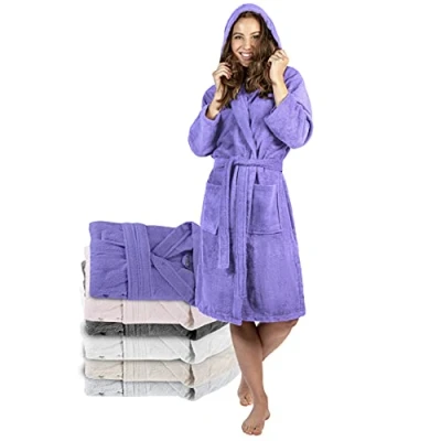 Imagen de Twinzen Bata Baño con Capucha, Albornoz 100% Algodón para Mujer (XL, Morado), 2 Bolsillos, Cinturón Certificado Oeko Tex de Suave, Absorbente y Cómodo