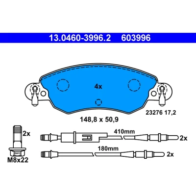 Imagen de ATE 13.0460 3996.2 Juego de pastillas freno con contacto avisador desgaste tornillos pinza CITROËN: C5 I Hatchback, II Hatchback