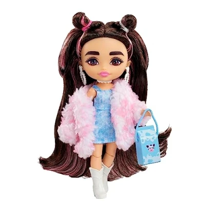 Imagen de Barbie Extra Minis Conjunto Denim Muñeca pequeña con Pelo Largo y Dos moños, Accesorios de Moda Soporte, Juguete +3 años (Mattel HKP90)