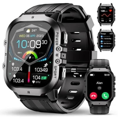 Imagen de OUKITEL Reloj Inteligente Hombre Militar con Llamadas Bluetooth, Resistente Smartwatch Impermeable 5ATM 120+ Deportivos, Relojes Digital Presión Arterial/Pulsómetro para Android/iOS