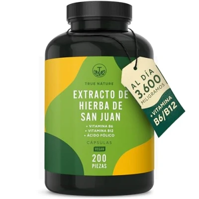 Imagen de Hipérico Hierba de San Juan Extracto 3600mg (8:1) al día 200 cápsulas Alta Concentración con hipericina natural vitaminas B6, B12 y ácido fólico Antiestrés TRUE NATURE®