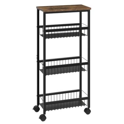 Imagen de WOLTU Carrito Cocina de 4 Niveles, Auxiliar 3 Cestas, Estanteria con Ruedas, Carro Servicio en Madera y Metal, Estrecho para Salon Cocina, Negro + Vintage