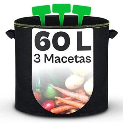 Imagen de Bolsa de Cultivo para Plantas 60L 3 Bolsas Grandes Tela no Tejida con Asas y Etiquetas Maceta Geotextil Patatas Vegetales