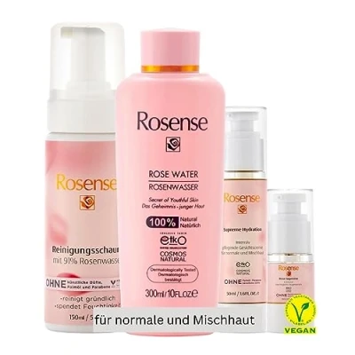 Imagen de Rosense Set de cuidado para pieles normales/mixtas: espuma limpiadora 150 ml con pantenol, agua rosas/tónico facial 300 ml, crema ácido hialurónico 50 suero ojos 15
